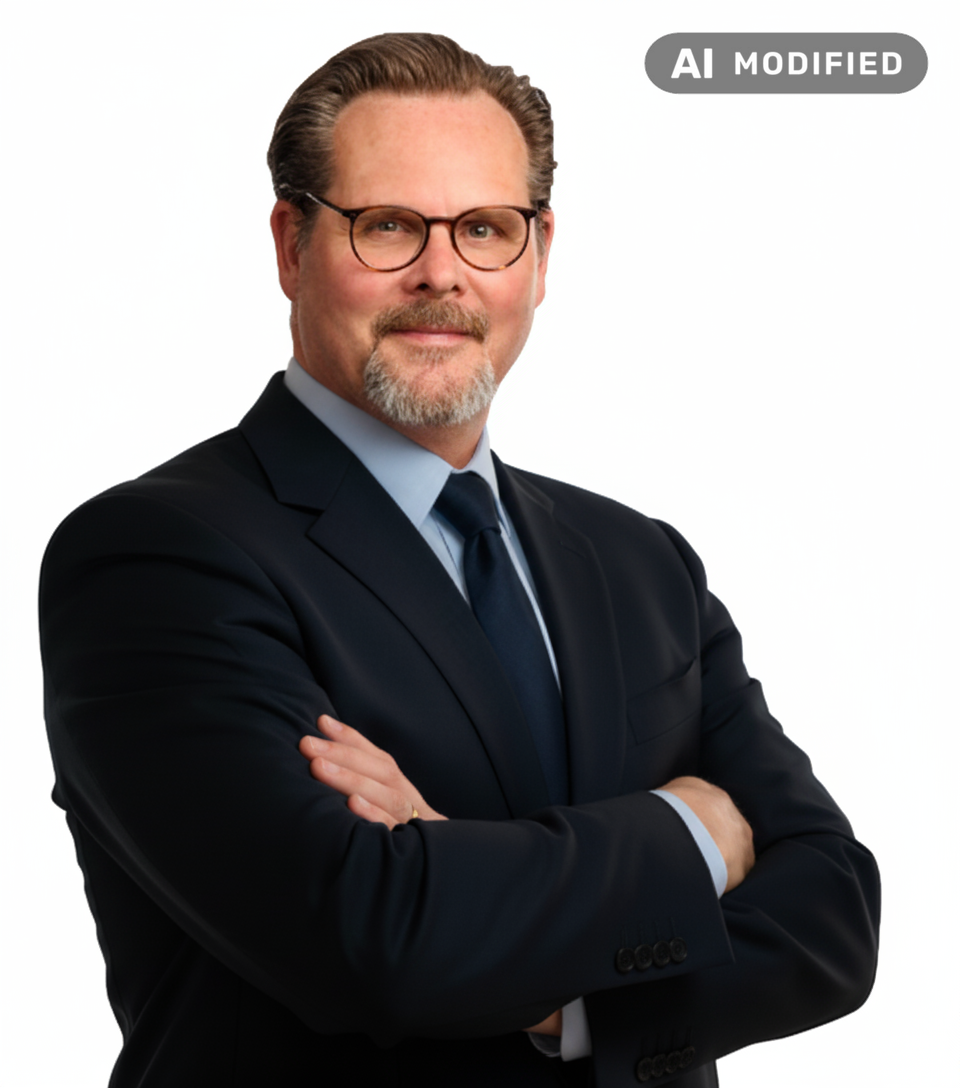 KI-bearbeitetes Bild: Frank A. Walter, Executive Coach, Business-Porträt mit verschränkten Armen vor weißem Hintergrund