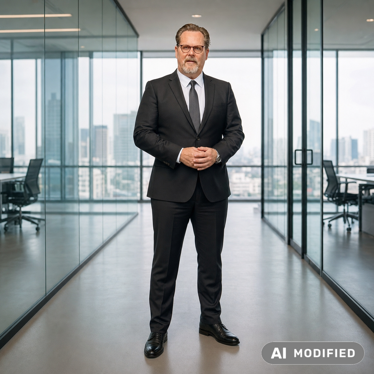 KI-bearbeitetes Bild: Frank A. Walter, Executive Coach, stehend im modernen Glasbüro-Flur mit Blick auf die Skyline