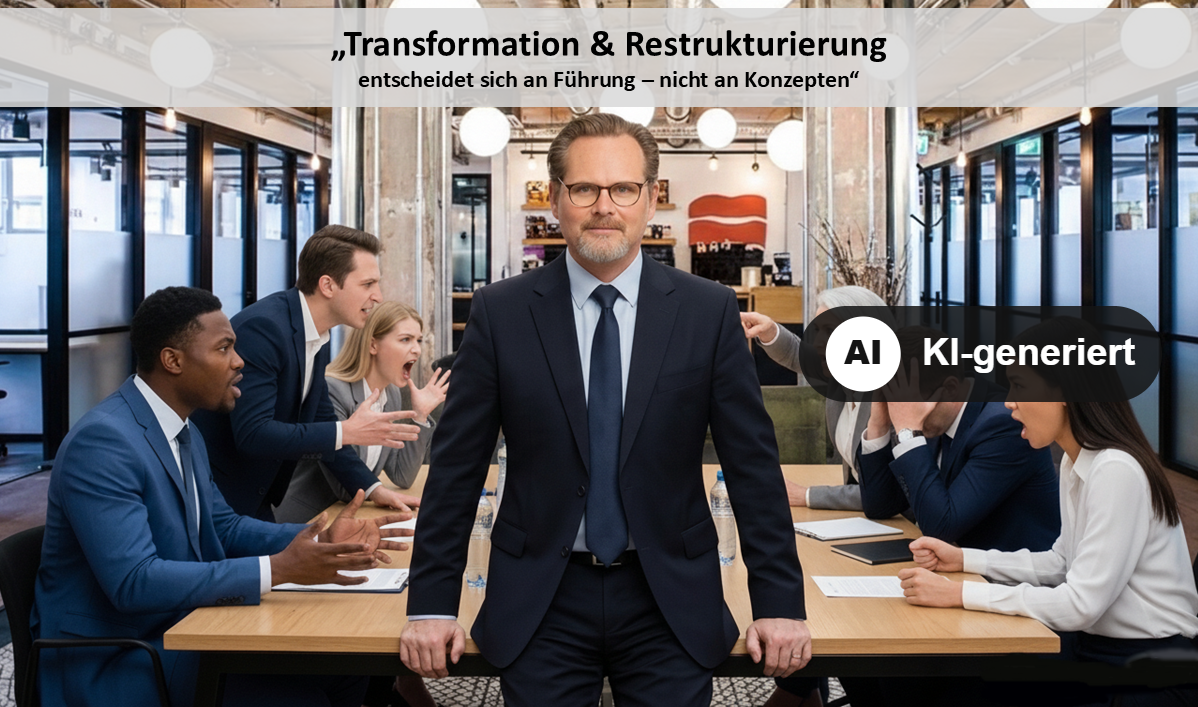 KI-generiertes Bild: Führungskraft im Gespräch mit Team in Besprechungsraum