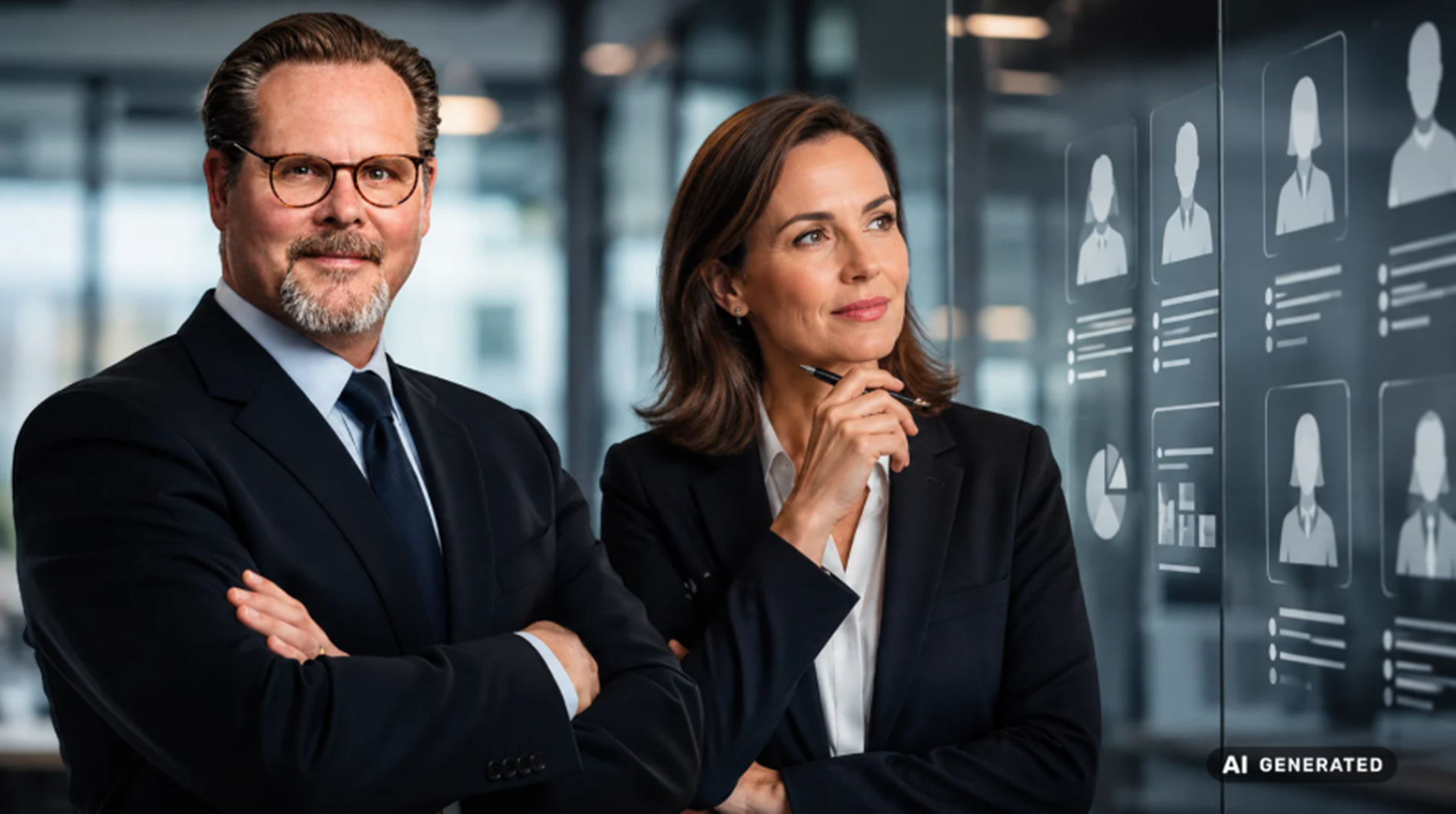 KI-generiertes Bild: Mann und Frau in Businesskleidung vor einer Wand aus digitalen Persona-Silhouetten mit Datenpunkten